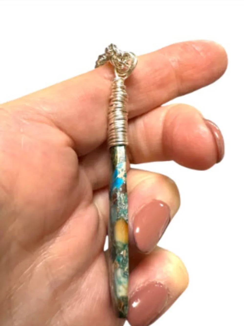 Ocean Blue Impressions Jasper Necklace Pyrite Wire Wrapped Pendant Handmade